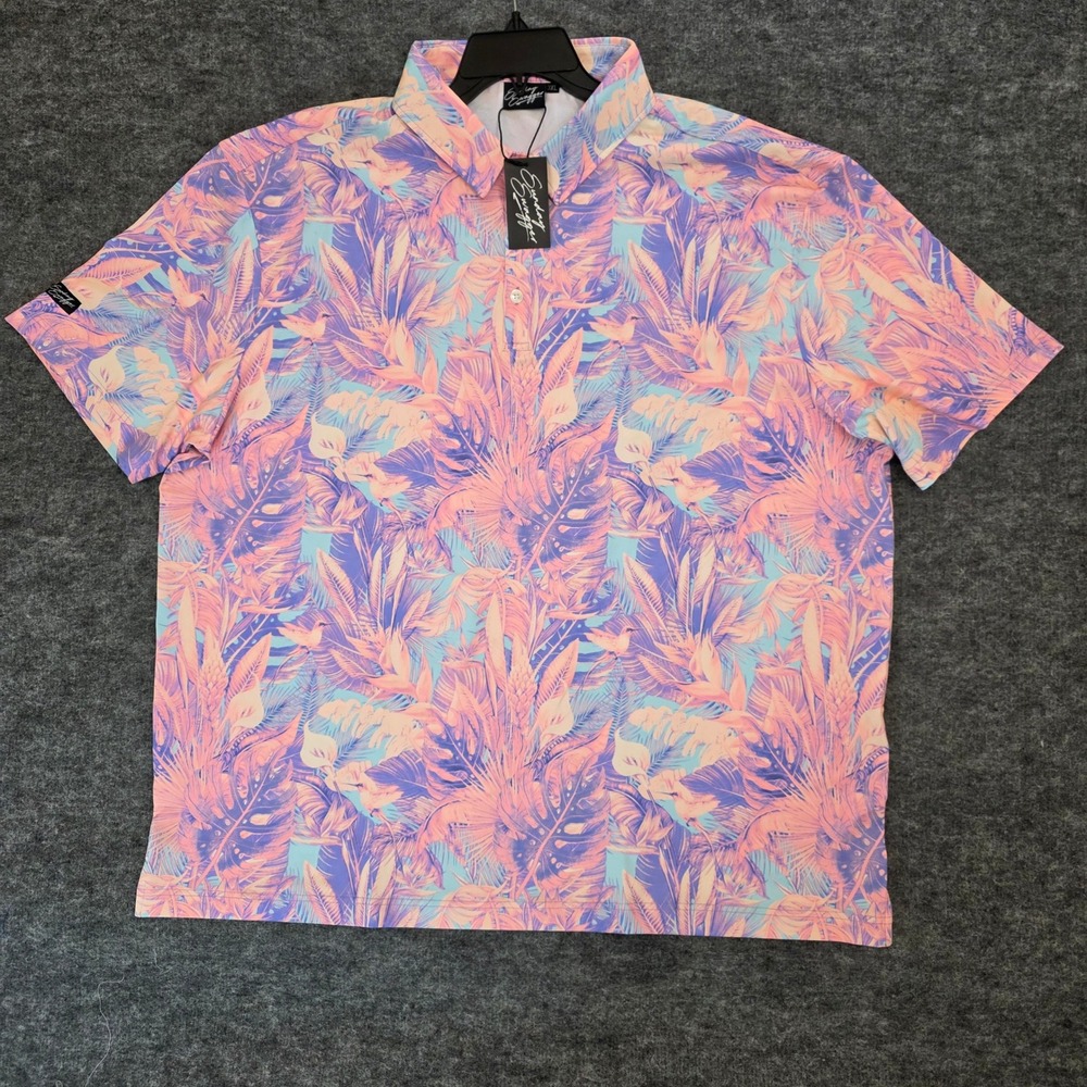 Sunday Swagger Kaanapali Polo Shirt Men 3XL Pink Blue Tropical Floral Beach Leaf